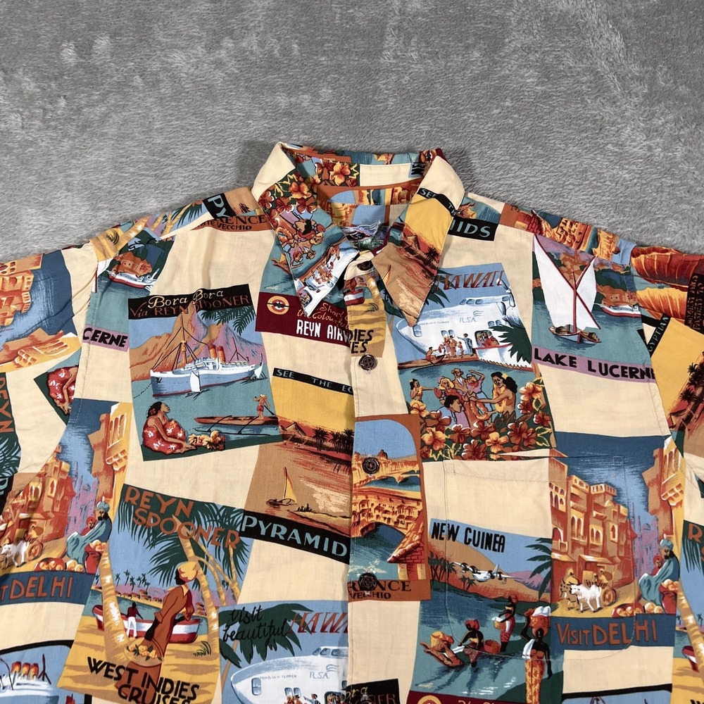 Reyn Spooner Hawaiian Shirt Mens Large AOP Travel Poster Print Aloha Rayon